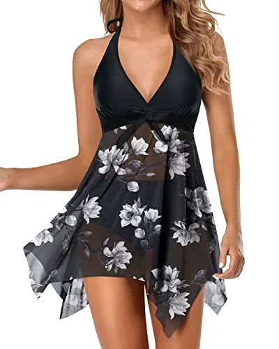 Mesh V Neck Dress Swimsuit With Tummy Control Boyshorts For Women-Black High-Cut One-Piece Mesh V Neck Dress Swimsuit With Tummy Control Boyshorts For Women-Black High-Cut One-Piece