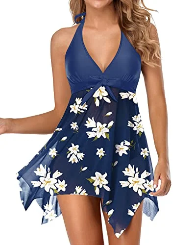 V Neck Swimsuit With Flowy Dress And High Waisted Bottoms-Blue White Quick-Dry Tankini V Neck Swimsuit With Flowy Dress And High Waisted Bottoms-Blue White Quick-Dry Tankini