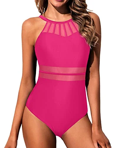 Women High Neck One Piece Swimsuit Tummy Control Halter Slimming Swimwear-Neon Pink Floral Swimwear Set Women High Neck One Piece Swimsuit Tummy Control Halter Slimming Swimwear-Neon Pink Floral Swimwear Set