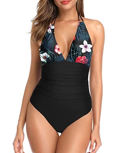 Vintage Women's One Piece Swimsuit Tummy Control Halter Swimwear-Black Floral Cross-Back Bikini Vintage Women's One Piece Swimsuit Tummy Control Halter Swimwear-Black Floral Cross-Back Bikini