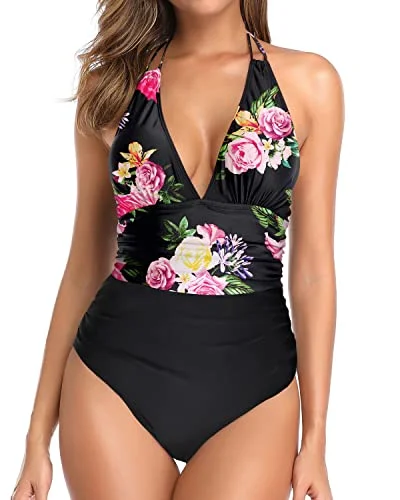 Vintage Women One Piece Swimsuit Tummy Control Plunge V Neck Swimwear-Black Floral High-Waisted Swim Bottoms Vintage Women One Piece Swimsuit Tummy Control Plunge V Neck Swimwear-Black Floral High-Waisted Swim Bottoms
