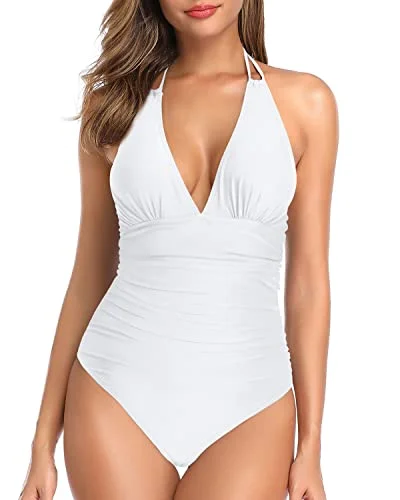 Halter V Neck Sexy Plunge One Piece Swimsuit Women Tummy Control-White Trendy Swimwear Set Halter V Neck Sexy Plunge One Piece Swimsuit Women Tummy Control-White Trendy Swimwear Set