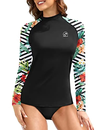 Women's Long Sleeve Rash Guard Swim Top With Upf 50+ Sun Protection-Black And Striped Elegant Swimsuit Bottoms Women's Long Sleeve Rash Guard Swim Top With Upf 50+ Sun Protection-Black And Striped Elegant Swimsuit Bottoms