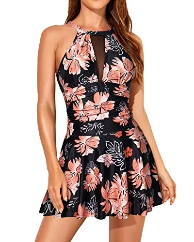 High Neck Removable Padded Cup Swimdress Swimsuits For Women-Black Orange Floral Comfortable Swim Shorts High Neck Removable Padded Cup Swimdress Swimsuits For Women-Black Orange Floral Comfortable Swim Shorts
