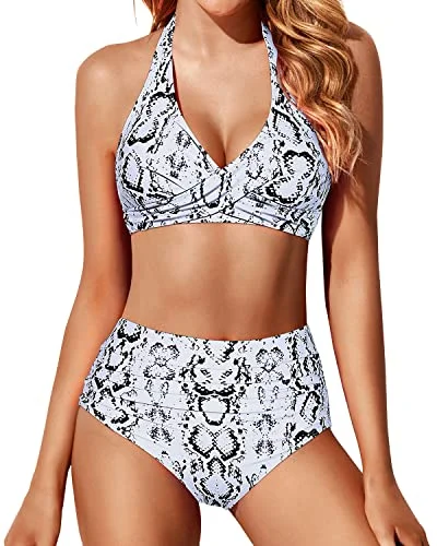 Halter Top Swimsuit With Ruched Tummy Control High Waisted Bikini Set-Snake Print Sporty Swimsuit Style Halter Top Swimsuit With Ruched Tummy Control High Waisted Bikini Set-Snake Print Sporty Swimsuit Style
