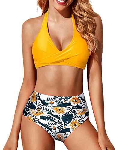 Ruched Twist Front Bikini Top With Bottoms High Waisted Swimsuit-Yellow Floral Chic Beach Cover-Up Ruched Twist Front Bikini Top With Bottoms High Waisted Swimsuit-Yellow Floral Chic Beach Cover-Up