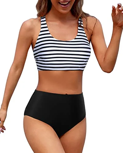 Full Coverage Modest Coverage With Women's Sporty Swimsuit-Black And White Stripe Swim Dress with Belt Full Coverage Modest Coverage With Women's Sporty Swimsuit-Black And White Stripe Swim Dress with Belt
