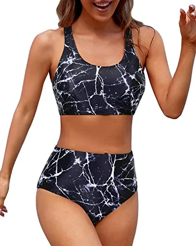 Sporty Women's Two Piece Bikini Sports Crop Top Swimsuit-Black Marble Halter Top Bikini Sporty Women's Two Piece Bikini Sports Crop Top Swimsuit-Black Marble Halter Top Bikini