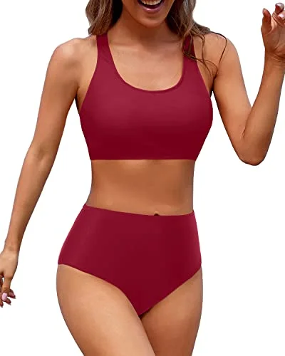 Two Piece Women High Waisted Bikini Sports Crop Top Swimsuit-Red Bold Swimsuit Design Two Piece Women High Waisted Bikini Sports Crop Top Swimsuit-Red Bold Swimsuit Design