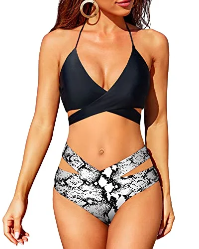High Leg Criss Cross Bikini High Waisted Push Up Swimsuit-Black And White Snake Print Lace Back Bikini High Leg Criss Cross Bikini High Waisted Push Up Swimsuit-Black And White Snake Print Lace Back Bikini