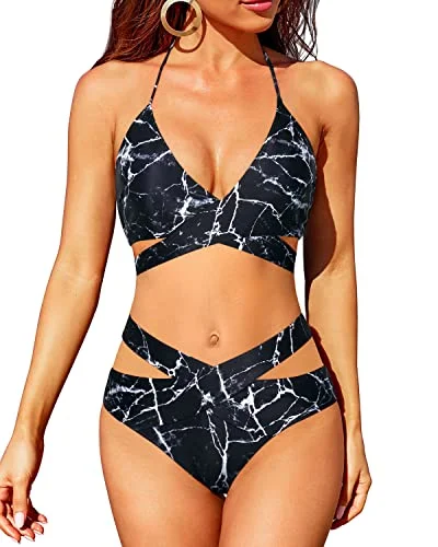 High Waisted Bikini Sets For Women Halter Wrap Criss Cross Two Piece Swimsuit-Black Marble Strappy Back Bikini High Waisted Bikini Sets For Women Halter Wrap Criss Cross Two Piece Swimsuit-Black Marble Strappy Back Bikini