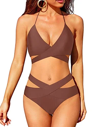 High Leg Two Piece Swimsuit Push Up Criss Cross Bathing Suit-Brown Elegant Ruffle Swimsuit High Leg Two Piece Swimsuit Push Up Criss Cross Bathing Suit-Brown Elegant Ruffle Swimsuit