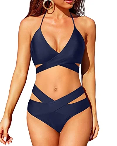 Wrap Bandage Criss Cross Bikini Set High Waisted Push Up Swimsuit-Navy Blue Elegant Swim Dress Wrap Bandage Criss Cross Bikini Set High Waisted Push Up Swimsuit-Navy Blue Elegant Swim Dress