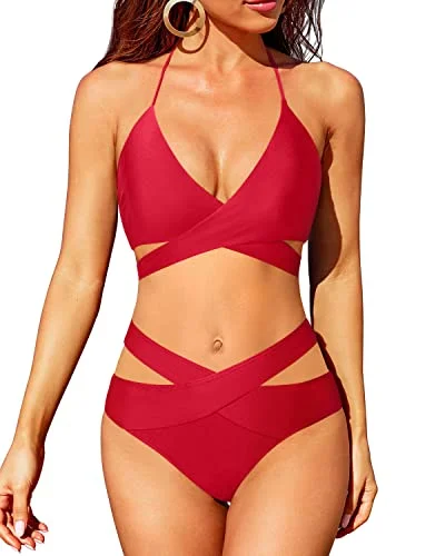 High Leg Women's Bikini Push Up Swimsuit Halter Wrap Bathing Suit-Red Classic Swimsuit Design High Leg Women's Bikini Push Up Swimsuit Halter Wrap Bathing Suit-Red Classic Swimsuit Design