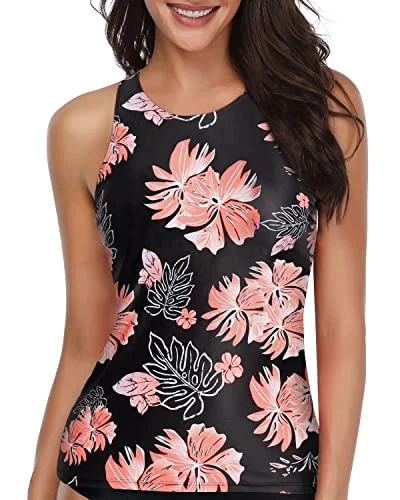 High Neck Tankini Top Bathing Suit Tops For Women Tummy Control-Black Orange Floral Adjustable Swim Top High Neck Tankini Top Bathing Suit Tops For Women Tummy Control-Black Orange Floral Adjustable Swim Top
