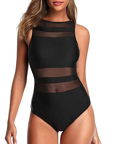 Slimming High Neck One Piece Swimsuits For Women Mesh Bathing Suits-Black Sleek Racerback Swimsuit Slimming High Neck One Piece Swimsuits For Women Mesh Bathing Suits-Black Sleek Racerback Swimsuit