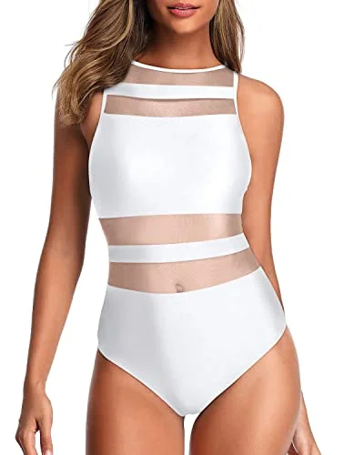 High Neck One Piece Swimsuits For Women Open Back Swimwear-White Retro Swimwear Style High Neck One Piece Swimsuits For Women Open Back Swimwear-White Retro Swimwear Style