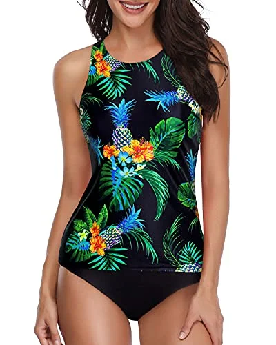 Trendy Tummy Control Tankini 2 Piece Swimsuit With Shorts-Black Pineapple Swim Dress with Belt Trendy Tummy Control Tankini 2 Piece Swimsuit With Shorts-Black Pineapple Swim Dress with Belt