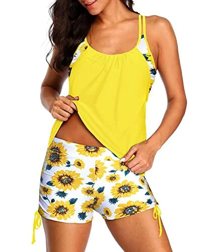 Criss Cross Tankini Swimsuits Two Piece Tummy Control Bathing Suits-Yellow And Sunflower Button-Front Swimsuit Criss Cross Tankini Swimsuits Two Piece Tummy Control Bathing Suits-Yellow And Sunflower Button-Front Swimsuit