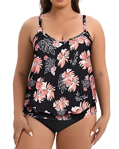 Women's Plus Size Crew Neck Blouson Tummy Control High Waisted Tankini Set With Built-In Brief-black orange floral1 Ruffled Swimsuit Top Women's Plus Size Crew Neck Blouson Tummy Control High Waisted Tankini Set With Built-In Brief-black orange floral1 Ruffled Swimsuit Top