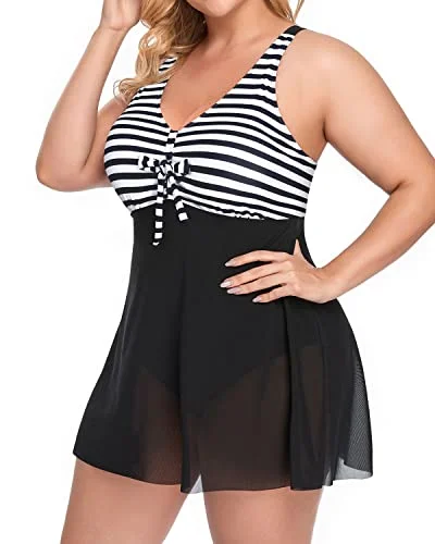 Plus Size Tummy Control Swimsuit For Women Swimdress-Black And White Stripe Retro Swimwear Style Plus Size Tummy Control Swimsuit For Women Swimdress-Black And White Stripe Retro Swimwear Style