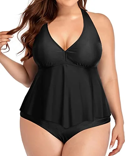 Ruffle Plus Size Halter High Waisted Tankini Set For Women-Black Adjustable Swim Top Ruffle Plus Size Halter High Waisted Tankini Set For Women-Black Adjustable Swim Top