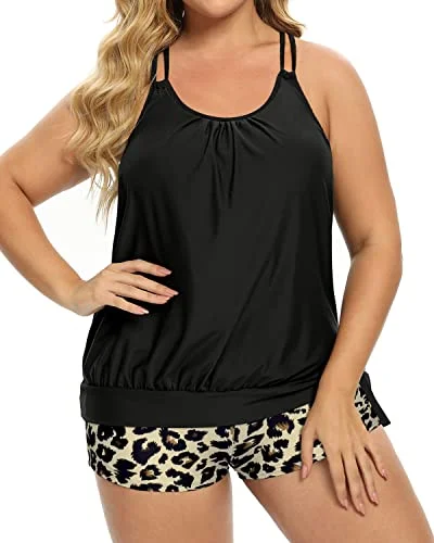 Blouson Tummy Control Plus Size Two Piece Tankini Bathing Suits For Women-Black And Leopard Classic One-Piece Blouson Tummy Control Plus Size Two Piece Tankini Bathing Suits For Women-Black And Leopard Classic One-Piece
