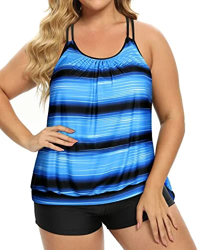 Women Plus Size Two Piece Tankini Swimsuit Tummy Control Bathing Suits-Blue And Black Stripe Vibrant Bikini Bottoms Women Plus Size Two Piece Tankini Swimsuit Tummy Control Bathing Suits-Blue And Black Stripe Vibrant Bikini Bottoms