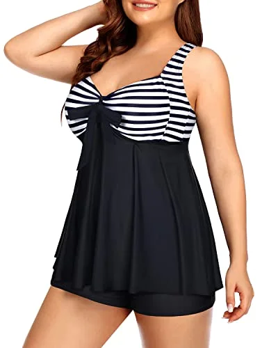 Long Flowy Two Piece Plus Size Tankini Swimsuits For Women-Black And White Stripe Crisscross Back Swimsuit Long Flowy Two Piece Plus Size Tankini Swimsuits For Women-Black And White Stripe Crisscross Back Swimsuit
