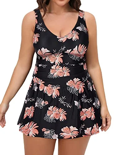 Plus Size One Piece Swim Dress With Tummy Control For Women-Black Orange Floral Shiny One-Piece Swimsuit Plus Size One Piece Swim Dress With Tummy Control For Women-Black Orange Floral Shiny One-Piece Swimsuit