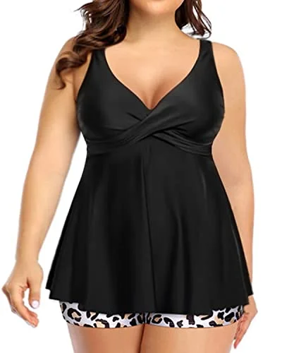 Plus Size Adjustable Shoulder Straps Tankini Swimsuit For Women-Black And Leopard Button-Front Swimsuit Plus Size Adjustable Shoulder Straps Tankini Swimsuit For Women-Black And Leopard Button-Front Swimsuit