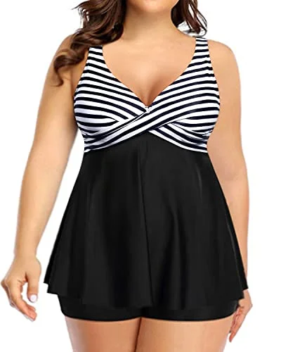 Flowy Plus Size Tankini For Elegant Neck And Curvy Bust Women-Black And White Stripe Floral Swimwear Set Flowy Plus Size Tankini For Elegant Neck And Curvy Bust Women-Black And White Stripe Floral Swimwear Set