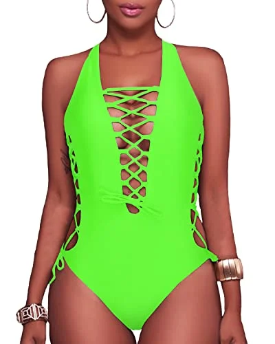 Plunge V Neck Lace Up Monokini One Piece Swimsuit For Curvy Women-Neon Green Vibrant Bikini Bottoms Plunge V Neck Lace Up Monokini One Piece Swimsuit For Curvy Women-Neon Green Vibrant Bikini Bottoms