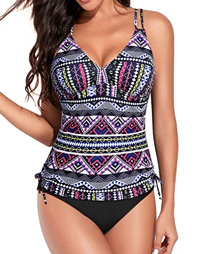 Sporty Adjustable Criss Cross Shoulder Straps Tankini Swimsuits-Black Tribal Floral Swimwear Set Sporty Adjustable Criss Cross Shoulder Straps Tankini Swimsuits-Black Tribal Floral Swimwear Set