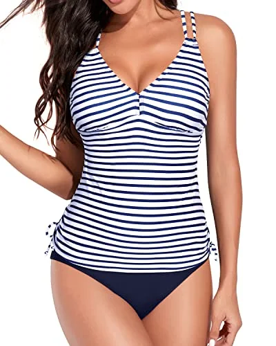 Adjustable Criss Cross Shoulder Straps Tankini Swimsuits-Blue White Stripe Strap Bikini Set Adjustable Criss Cross Shoulder Straps Tankini Swimsuits-Blue White Stripe Strap Bikini Set