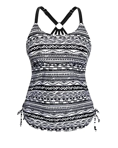 Adjustable Strappy Racerback Tankini Swimsuit Tops For Women Tankini-Black And White Stripe Push-Up Bikini Top Adjustable Strappy Racerback Tankini Swimsuit Tops For Women Tankini-Black And White Stripe Push-Up Bikini Top