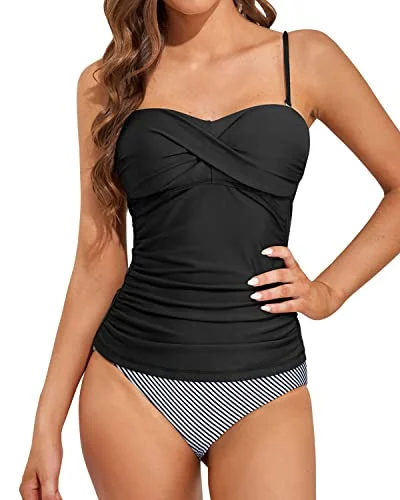 Modest Two Piece Bandeau Tankini With Swim Shorts-Black Stripe Strapless Swimsuit Top Modest Two Piece Bandeau Tankini With Swim Shorts-Black Stripe Strapless Swimsuit Top