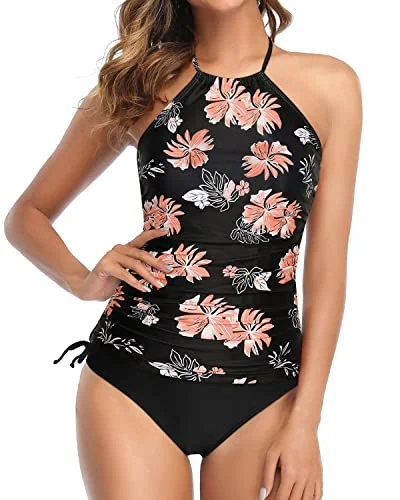 Halter Tankini Two Piece Swimsuits With Backless Tankini And Shorts-Black Orange Floral Vintage Swimwear Look Halter Tankini Two Piece Swimsuits With Backless Tankini And Shorts-Black Orange Floral Vintage Swimwear Look