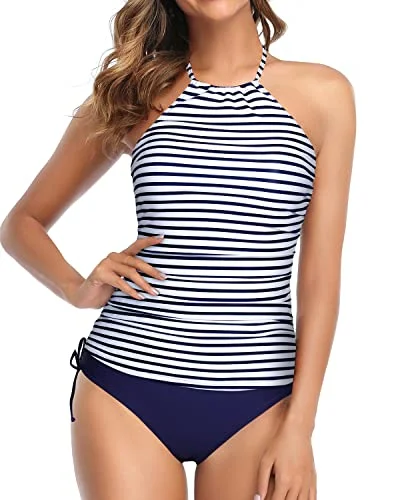 Backless Tankini Two Piece Swimsuits For Women Tummy Control-Blue White Stripe Plus-Size Bikini Set Backless Tankini Two Piece Swimsuits For Women Tummy Control-Blue White Stripe Plus-Size Bikini Set