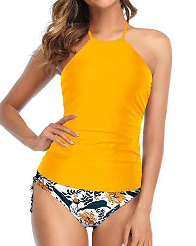 Halter Tankini Two Piece Swimsuits For Women Tummy Control Bathing Suits-Yellow Floral Floral Swimwear Set Halter Tankini Two Piece Swimsuits For Women Tummy Control Bathing Suits-Yellow Floral Floral Swimwear Set