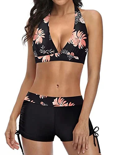 Push Up Bikini Swimsuit Set With Boyshort Two Piece Swimsuit-Black Orange Floral Timeless Black Bikini Push Up Bikini Swimsuit Set With Boyshort Two Piece Swimsuit-Black Orange Floral Timeless Black Bikini