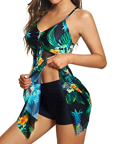 Tummy Control High Waisted Boy Shorts Two Piece Swim Dress-Black Pineapple Stylish Cover-Up Set Tummy Control High Waisted Boy Shorts Two Piece Swim Dress-Black Pineapple Stylish Cover-Up Set