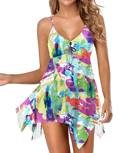 Women Full Coverage Non See Through Two Piece Swim Dress-Color Tie Dye Minimalist One-Piece Women Full Coverage Non See Through Two Piece Swim Dress-Color Tie Dye Minimalist One-Piece
