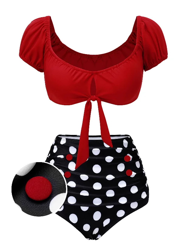 1950s Red & Black Polka Dot Halter Swimsuit Full Coverage Swimsuit