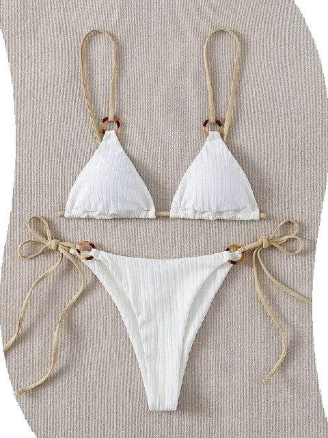 2023 Sexy Bikini Set Cute Simple White Plain Ring Linked Spaghetti Strap Triangle Thong Biquini Swimsuit Color-Block Bikini