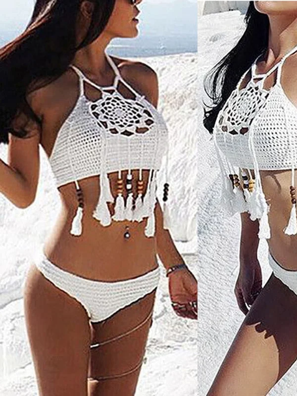 2022 Sexy Bikini Swimwear Crochet Halter Beaded Tassel Top Sexy Hollow Out Button-Front Swimsuit