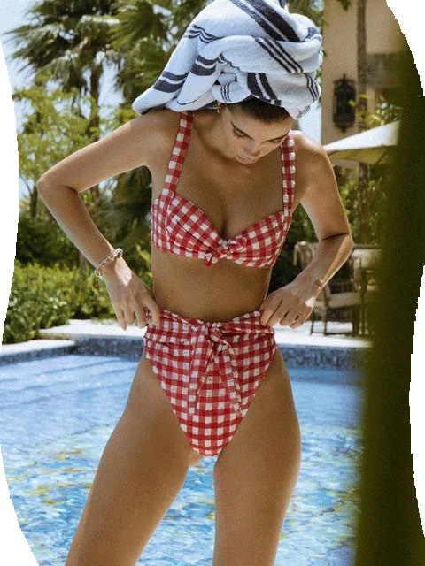 2022 Vintage Plaid Push Up High Waist Swim Wear Bathing Suit Chic Swimsuit Cover-Up