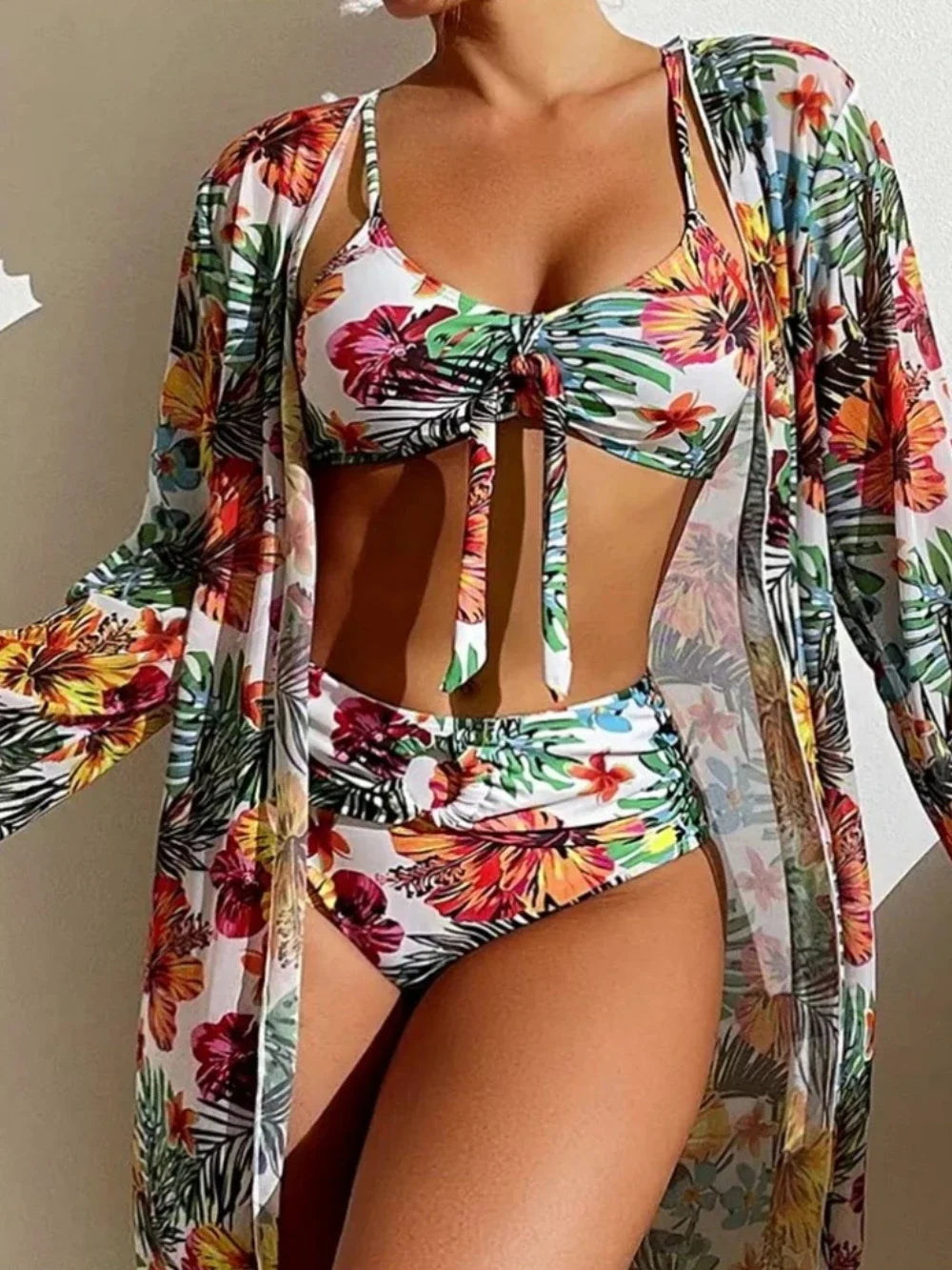 2024 New High Waisted Bikini Three Pieces Floral Printed Women Bikini Set Mesh Long-Sleeved Blouse Swimsuit Chic Swimsuit Cover-Up