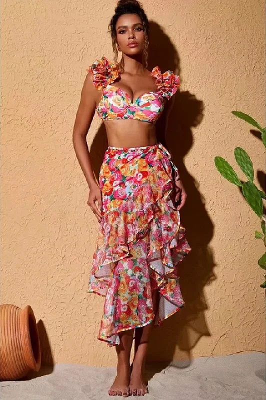 3D Floral Print Swimsuit & Skirt Set Quick-Dry Swimsuit