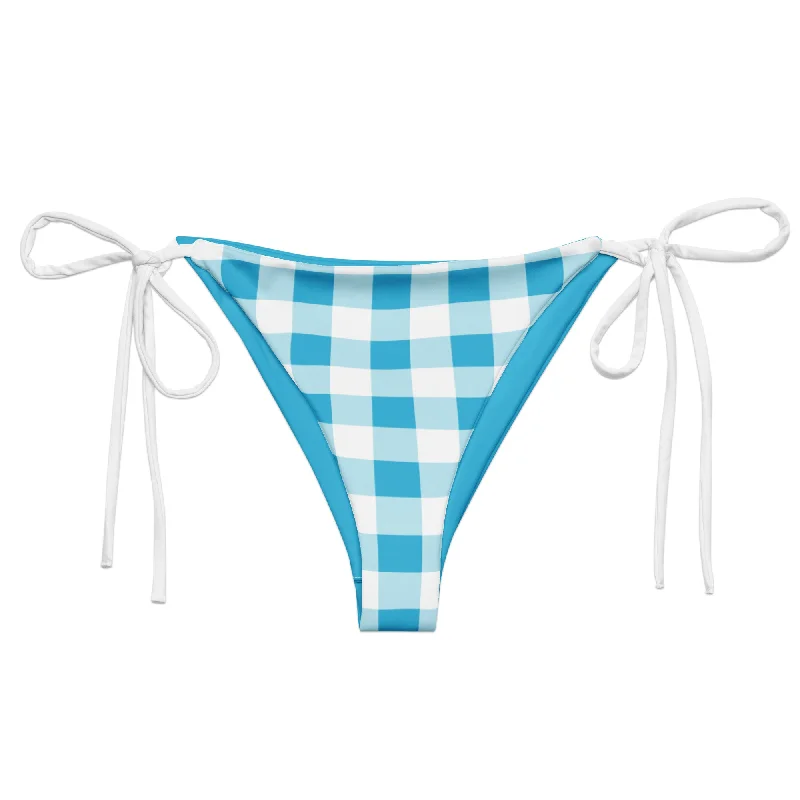 Aqua Blue and White Gingham String Bikini Swimsuit Bottoms Stylish Cover-Up Set